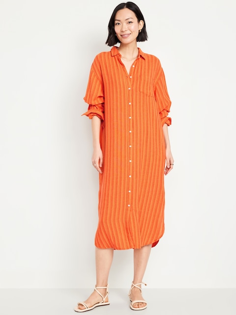 Loose Linen-Blend Midi Shirt Dress - Orange Stripe