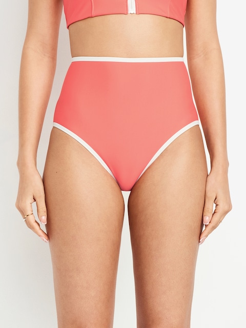 High-Waisted Matte Surf Bottoms - Coral/White Trim