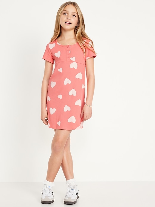 View large product image 1 of 3. Printed Short-Sleeve Ribbed Henley Dress for Girls