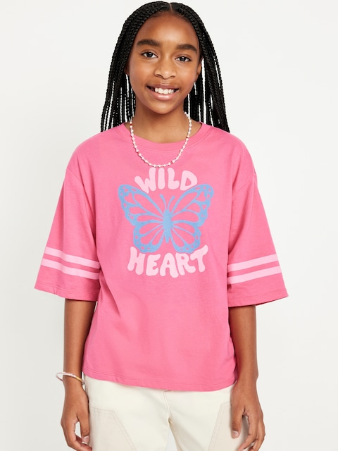 Oversized Short-Sleeve Graphic T-Shirt for Girls - Pink Splendor