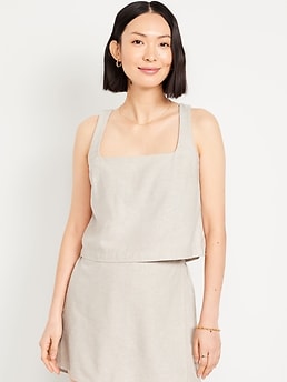 Cropped Square-Neck Linen-Blend Top - image 3