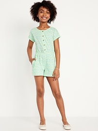 Image number 1 showing, Printed Short-Sleeve Button-Front Romper for Girls