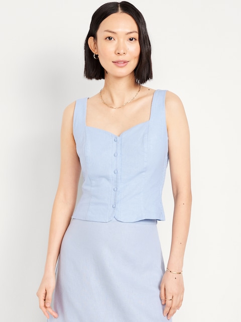 Button-Front Linen-Blend Vest - Cashmere Blue