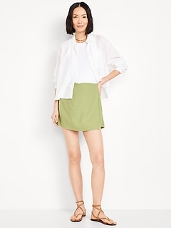 High-Waisted Faux-Wrap Linen-Blend Mini Skort