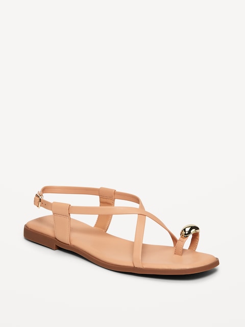 Faux Leather Strappy Toe Ring Sandals - Tan