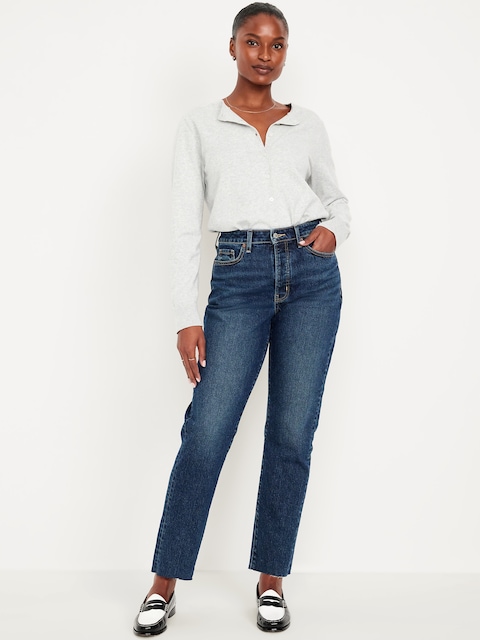Curvy High-Waisted OG Straight Button-Fly Ankle Jeans - Dark Wash Cutoff