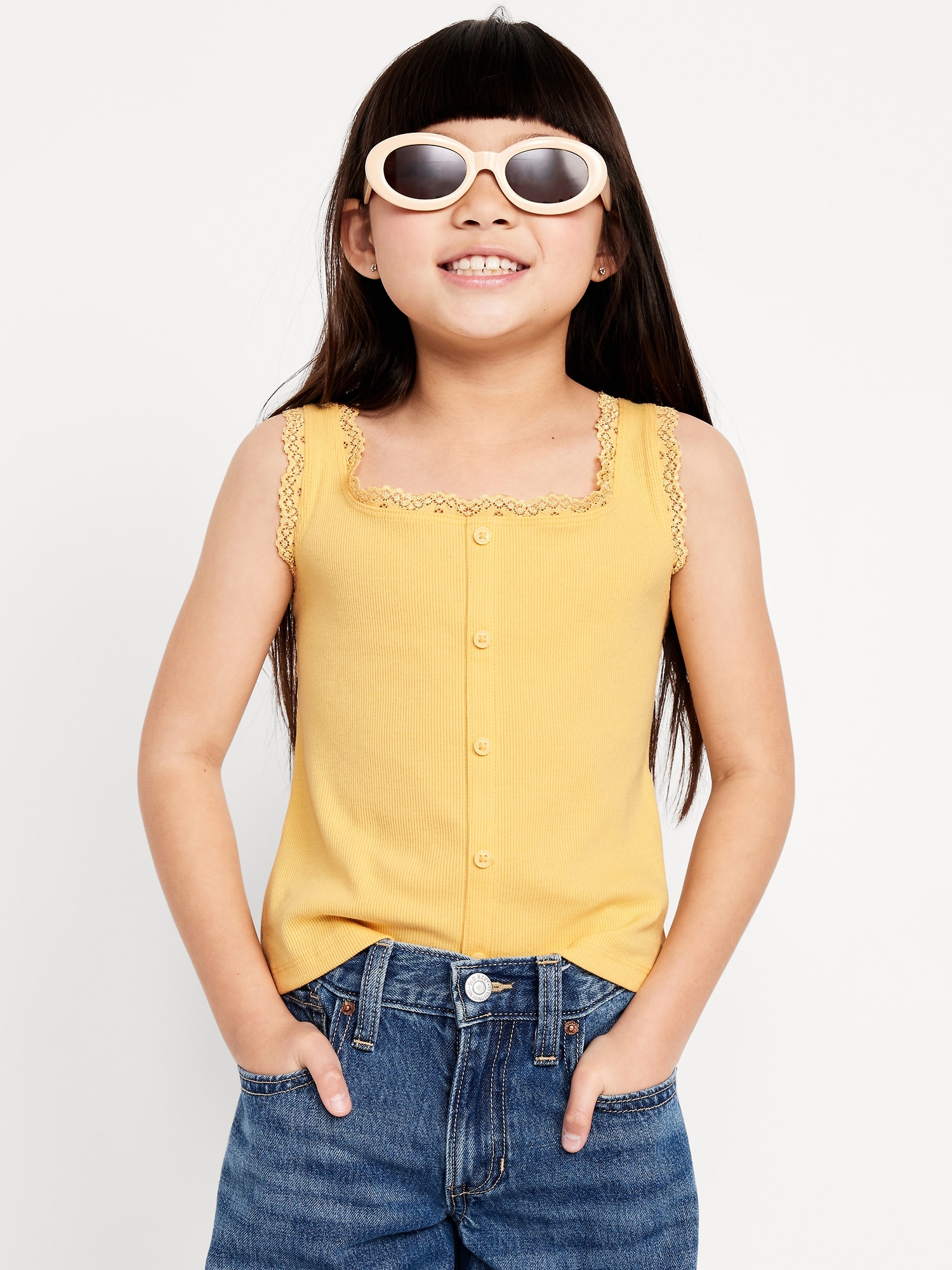 Fitted Button-Front Ribbed Tank Top for Girls