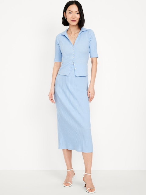 High-Waisted Ribbed Midi Skirt - Cashmere Blue