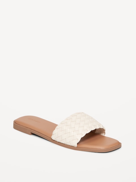 Faux-Leather Woven Slide Sandals - Bone