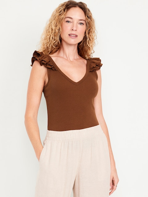 Ruffle-Trim Mixed Material Top - Horse Chestnut