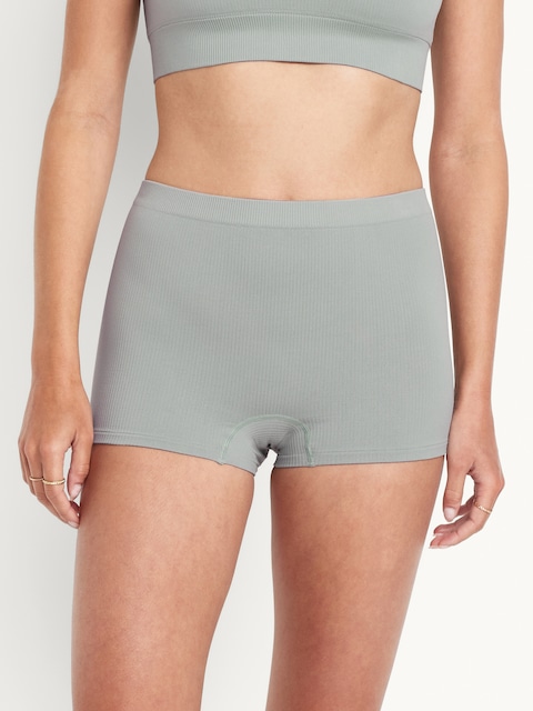 Mid-Rise Seamless Ribbed Boyshort Underwear - Silver Sage