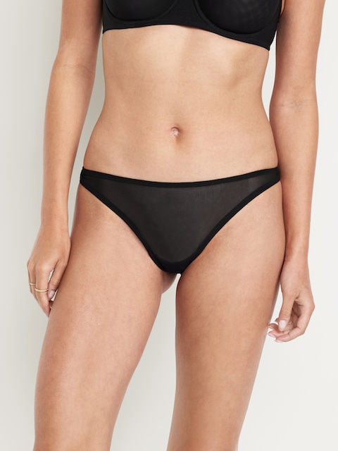 Low-Rise Mesh Thong Underwear - Black