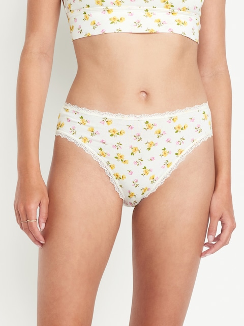 High-Waisted Lace-Trim Bikini Underwear - White Ditsy Floral