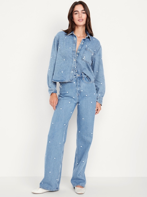 Extra High-Waisted Embroidered Wide-Leg Jeans - Light Wash Embroidery