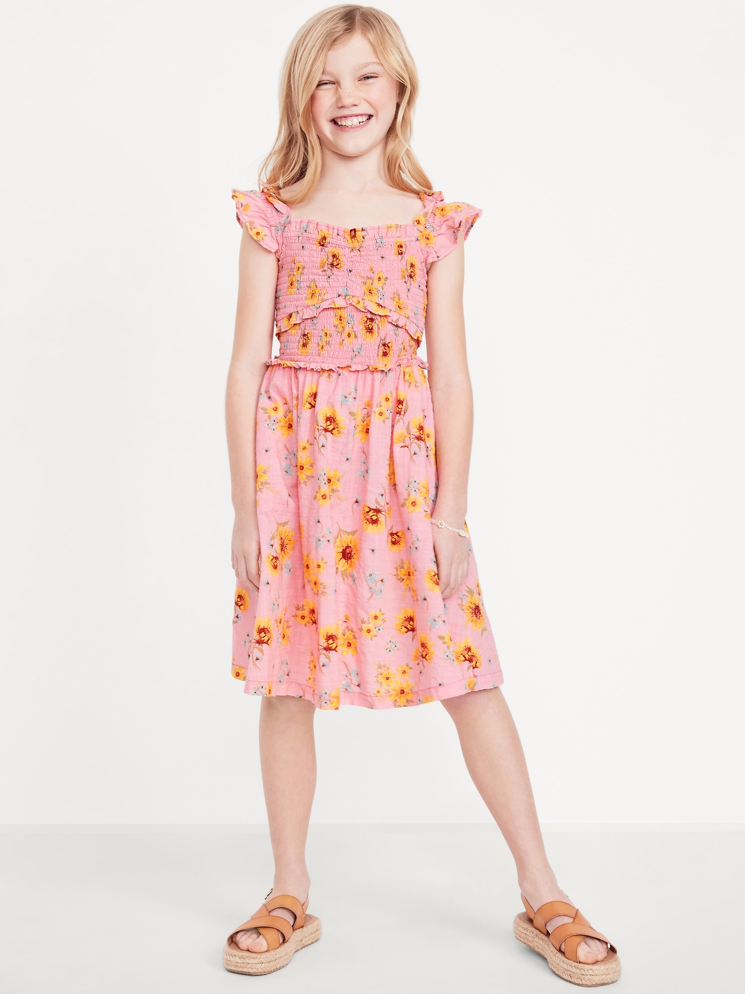 Printed Flutter-Sleeve Smocked Fit and Flare Dress for Girls