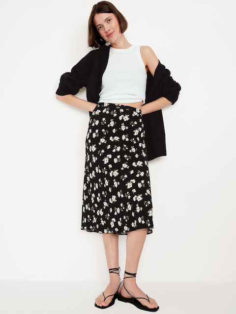 Crepe A-Line Midi Skirt - Black And White Floral
