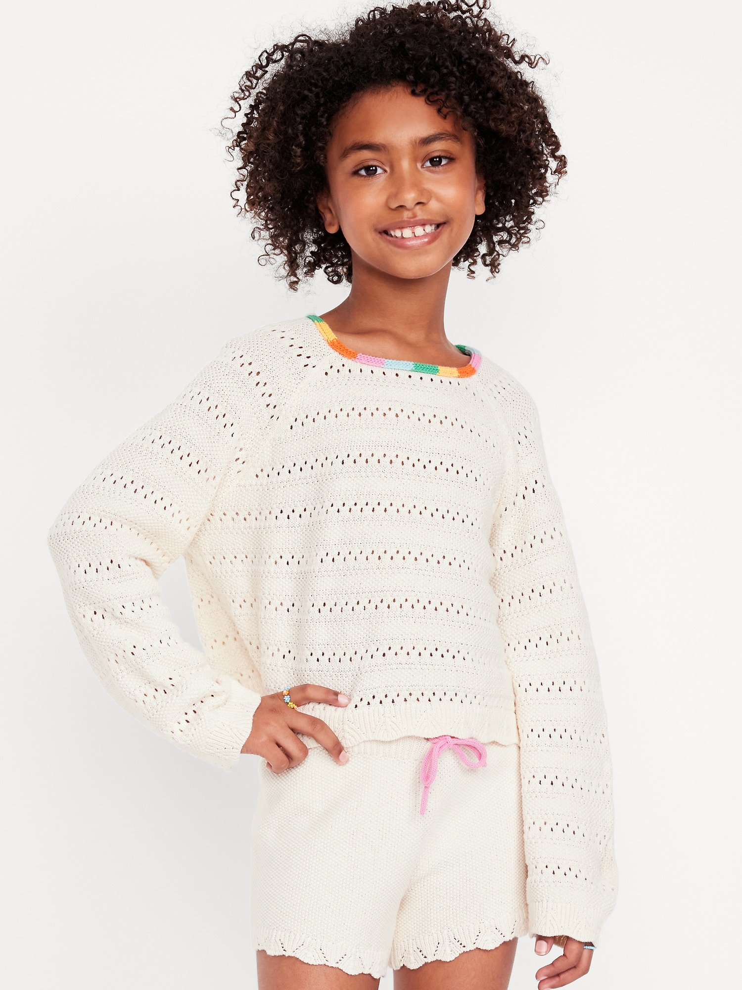 Long-Sleeve Crochet Sweater-Knit Top for Girls