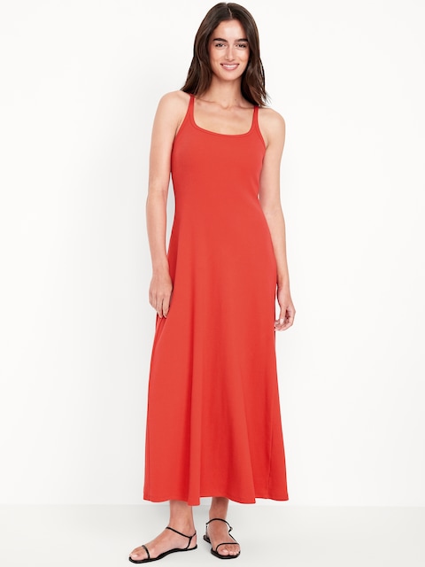 Sleeveless Ribbed Maxi Dress - Bright Coral