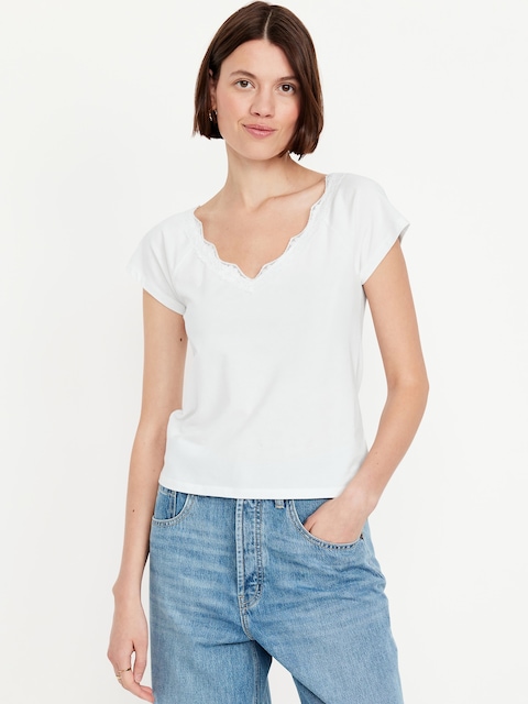Lace-Trim V-Neck Top - Calla Lily White