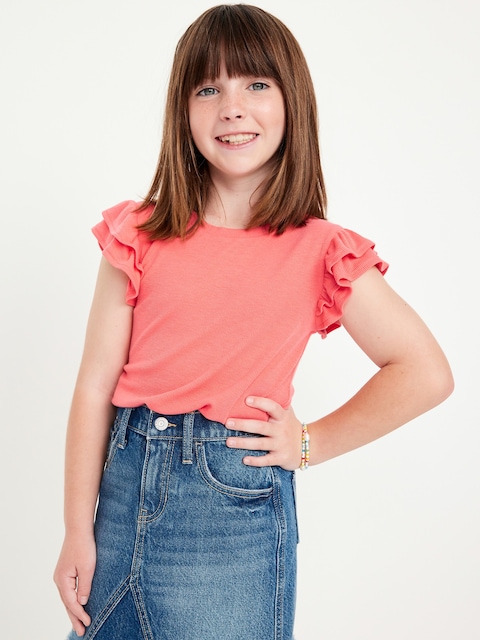 Fitted Short-Sleeve Ruffle-Trim Ribbed Top for Girls