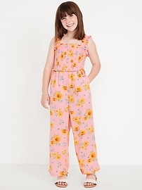 Image number 1 showing, Sleeveless Smocked Ruffle-Trim Jumpsuit for Girls