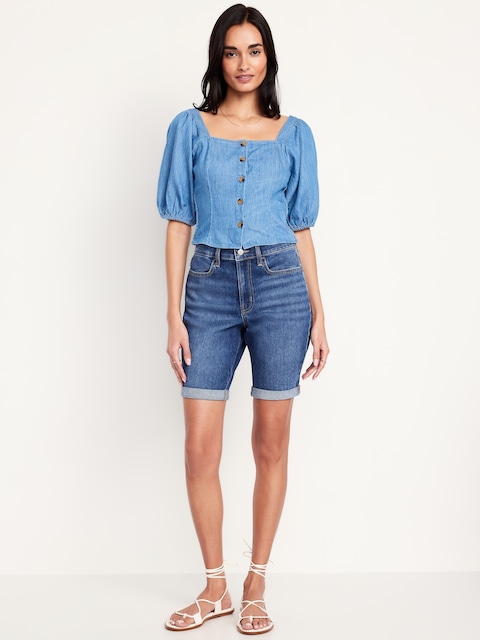 High-Waisted Wow Jean Shorts -- 9-inch inseam - Medium Wash
