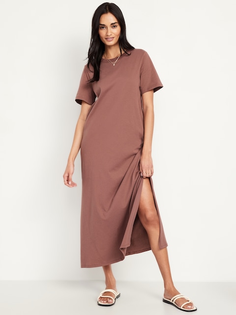 Vintage Crew-Neck Maxi T-Shirt Dress - Warm Taupe