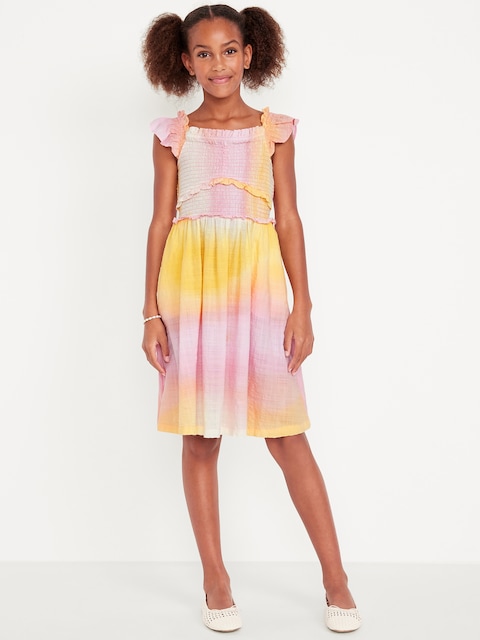 Printed Flutter-Sleeve Smocked Fit and Flare Dress for Girls - Pink Multi Tie-Dye