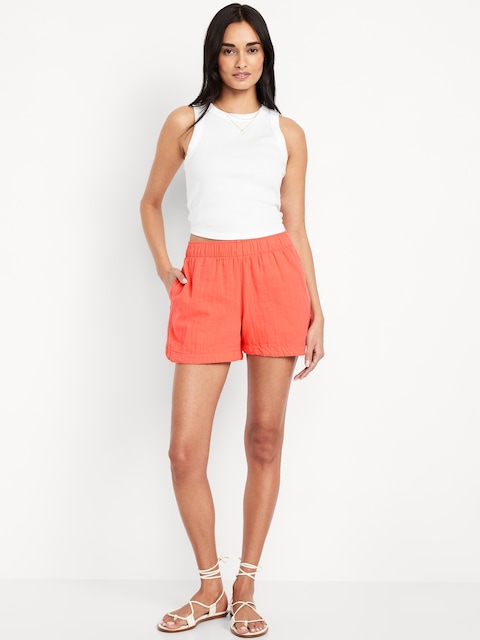High-Waisted Crinkle Gauze Shorts -- 4-inch inseam - Coral Tropics