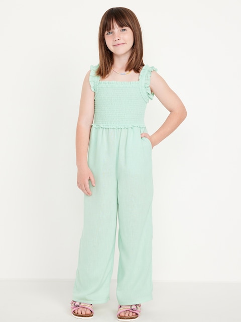 Sleeveless Smocked Ruffle-Trim Jumpsuit for Girls - Mint Green