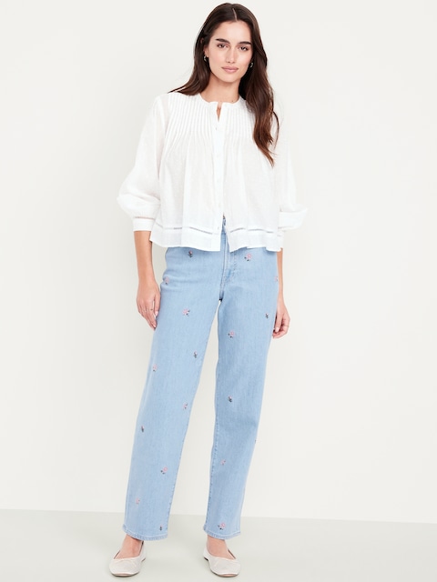 High-Waisted OG Loose Embroidered Jeans - Light Wash Embroidery
