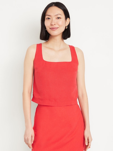Cropped Square-Neck Linen-Blend Top - Bright Coral