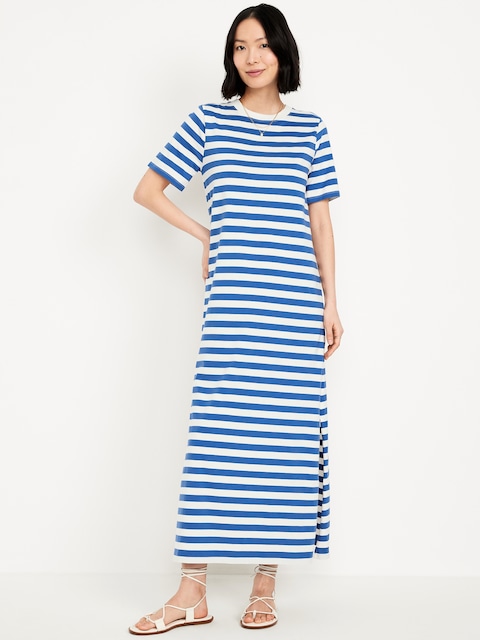 Vintage Crew-Neck Maxi T-Shirt Dress - Blue Stripe