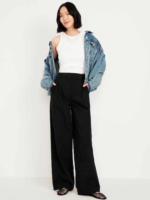 Extra High-Waisted Poplin Taylor Wide-Leg Trouser Pants - Black Jack