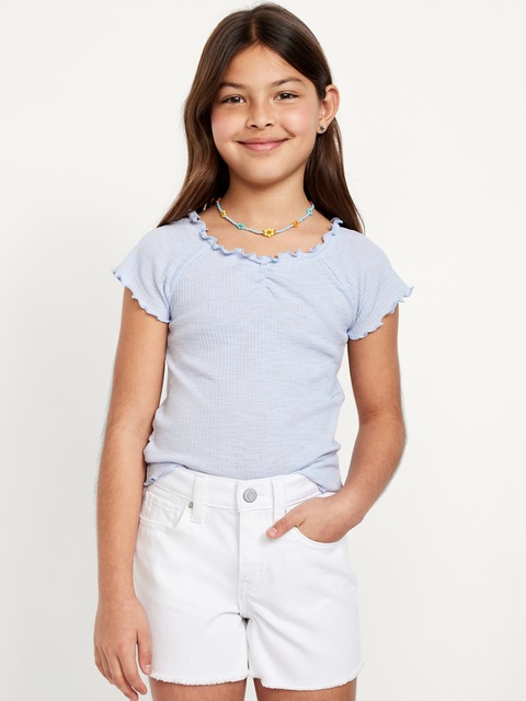 Fitted Ribbed Ruffle-Trim Top for Girls - Contrail