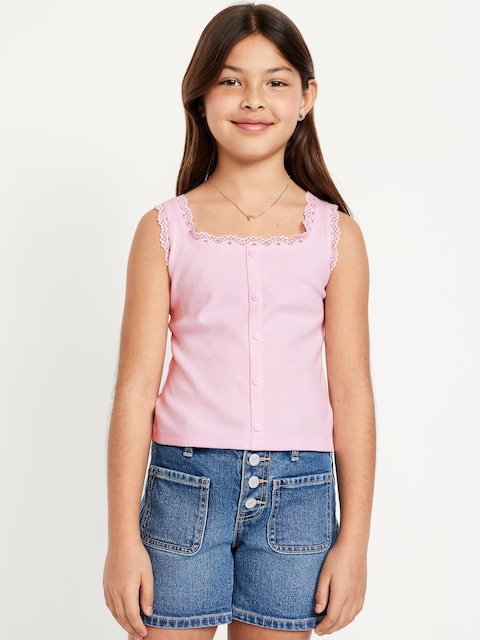 Fitted Button-Front Ribbed Tank Top for Girls - Oleander