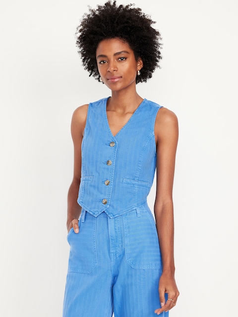 Button-Front Jean Vest - Cornflower Blue