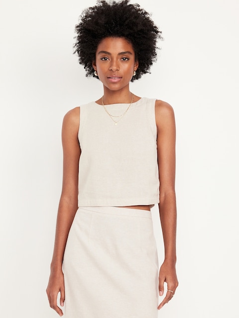High-Neck Button-Back Linen-Blend Top - Natural Linen