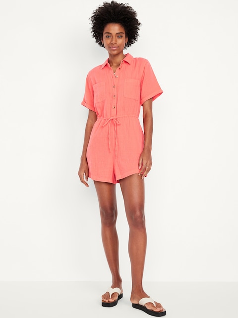 Waist-Defined Crinkle Gauze Romper - Coral Tropics