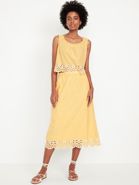 A-Line Eyelet Midi Skirt - Golden Aura