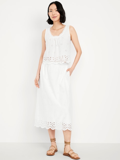 A-Line Eyelet Midi Skirt - White Lilies