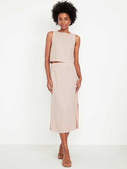 Mid-Rise Linen-Blend Midi Skirt - Neutral