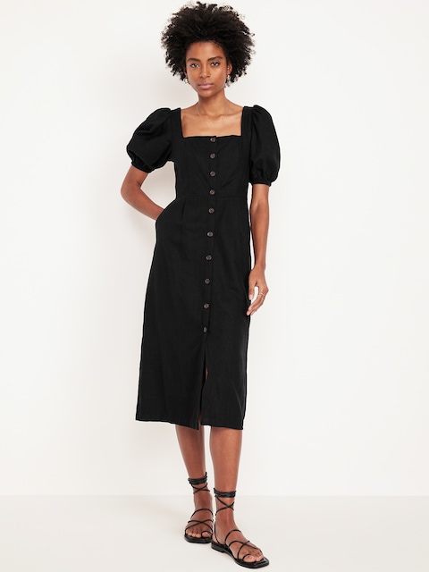 Linen-Blend Button-Front Midi Dress - Black Jack