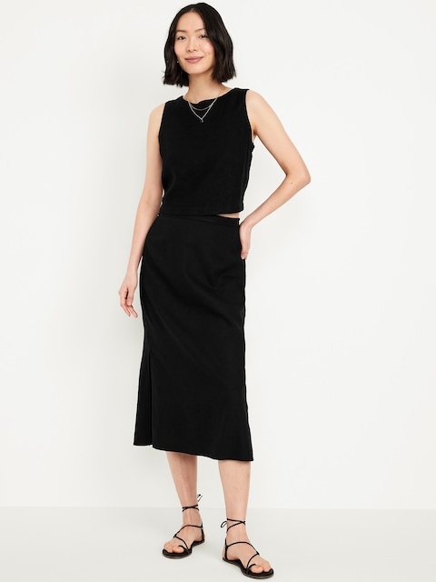 Mid-Rise Linen-Blend Midi Skirt - Black Jack