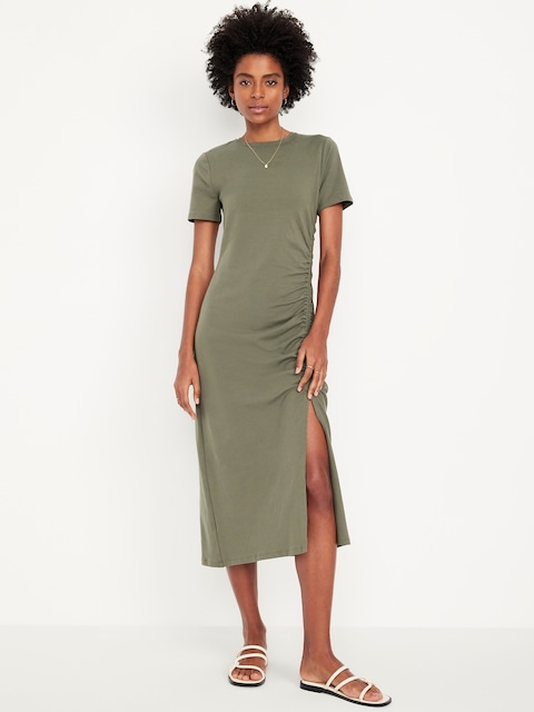 Ruched Midi T-Shirt Dress - Stone Wall