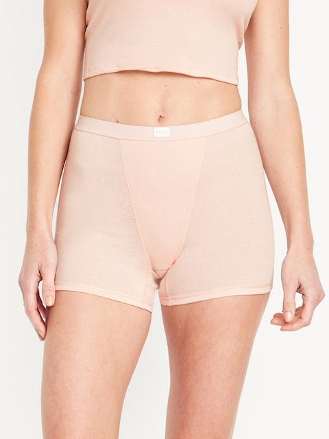 High-Waisted Ribbed Boyshort Briefs -- 3-inch inseam - Barely Pink