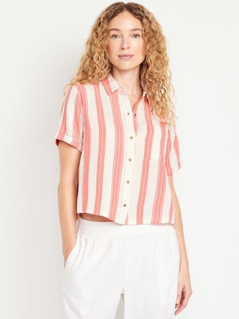 Crinkle Gauze Button-Down Striped Shirt - Pink Stripe