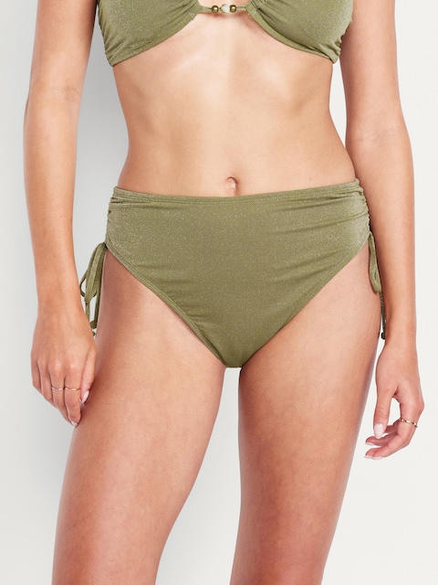 Mid-Rise Side-Tie Shine Bikini Swim Bottoms - Kombu