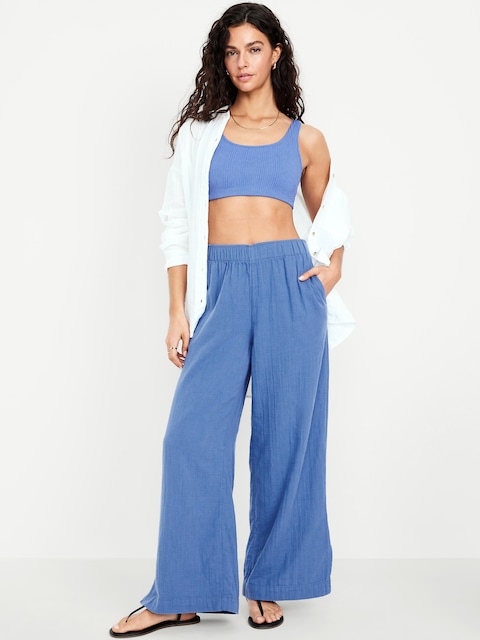 High-Waisted Crinkle Gauze Super Wide-Leg Pants - Laundered Blue
