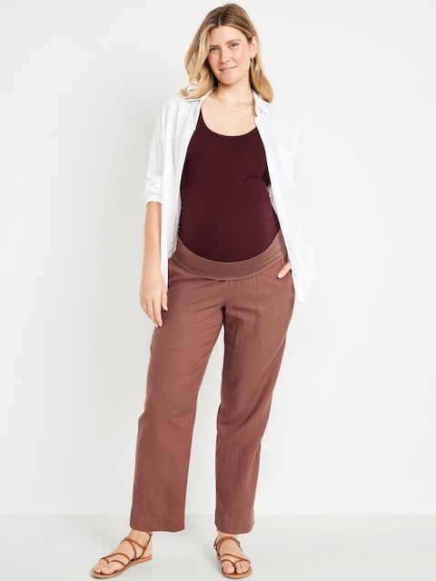 Maternity Rollover Waist Linen Pant - Warm Taupe
